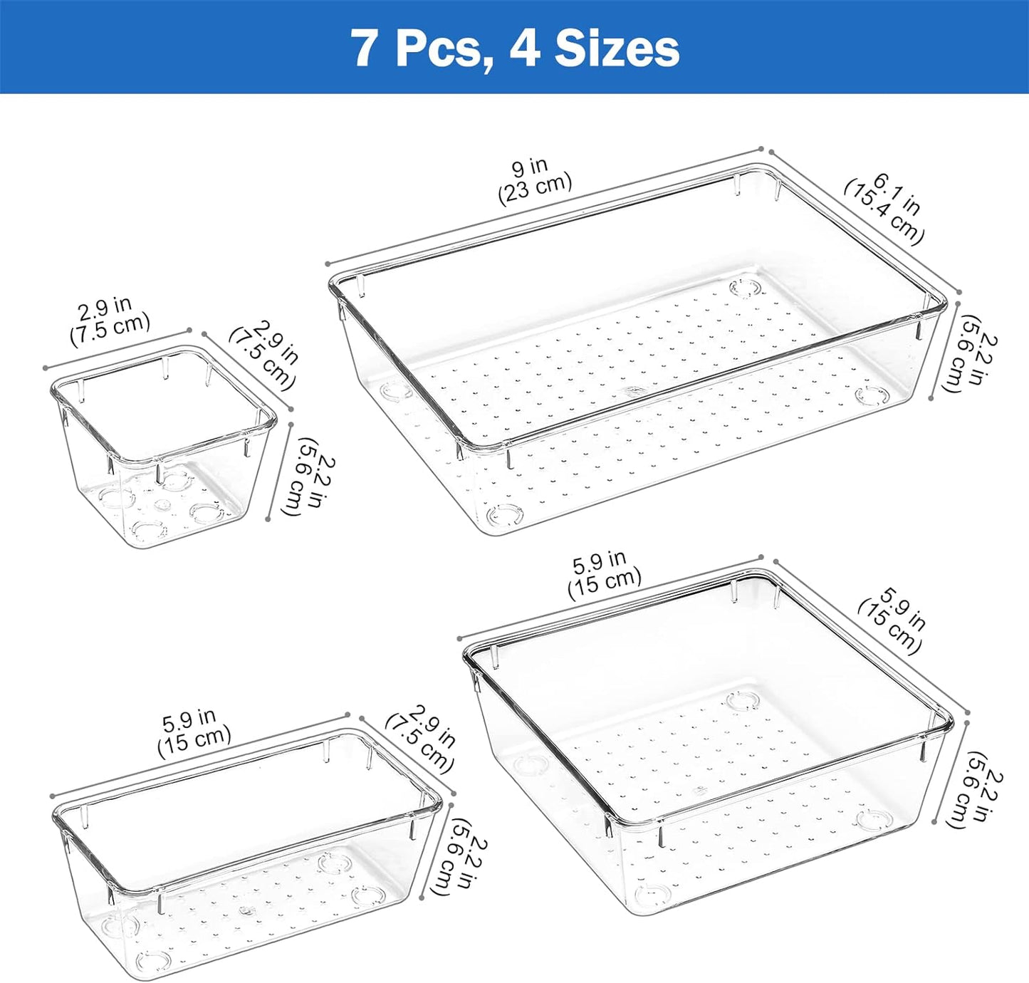 7 Pcs Clear Desk Drawer Organizers Set, 4-Size Plastic Bedroom Vanity Dresser Tray Acrylic Bathroom Storage Bins for Makeups Jewelries Kitchen Utensils Gadgets Office Accessories