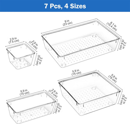 7 Pcs Clear Desk Drawer Organizers Set, 4-Size Plastic Bedroom Vanity Dresser Tray Acrylic Bathroom Storage Bins for Makeups Jewelries Kitchen Utensils Gadgets Office Accessories