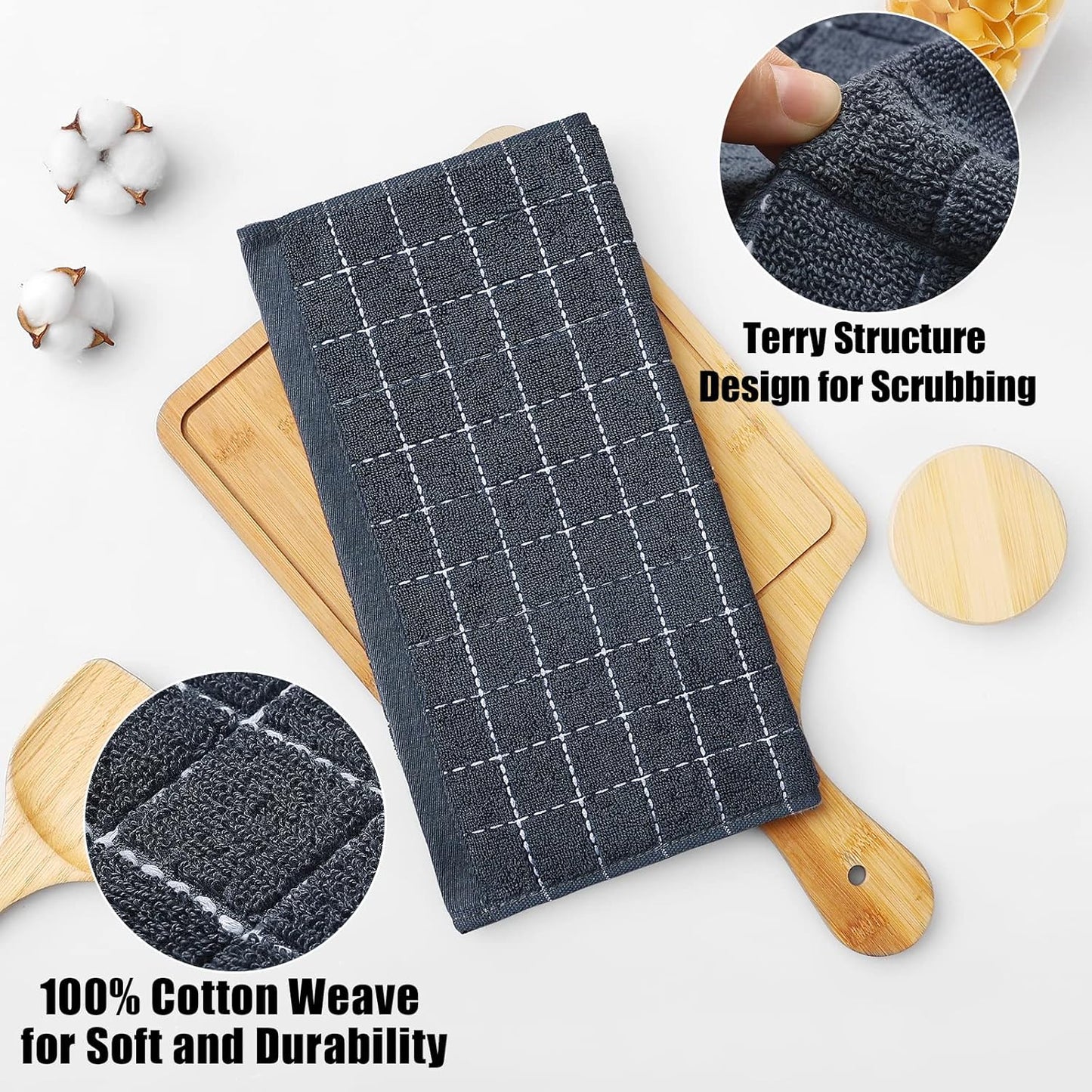 100% Cotton Terry Kitchen Dish Cloths, Highly Absorbent, Fast Drying and Machine Washable Dish Towel - Great for Household Cooking Cleaning, 6 Pack, 12 X 12 Inches, Dark Grey