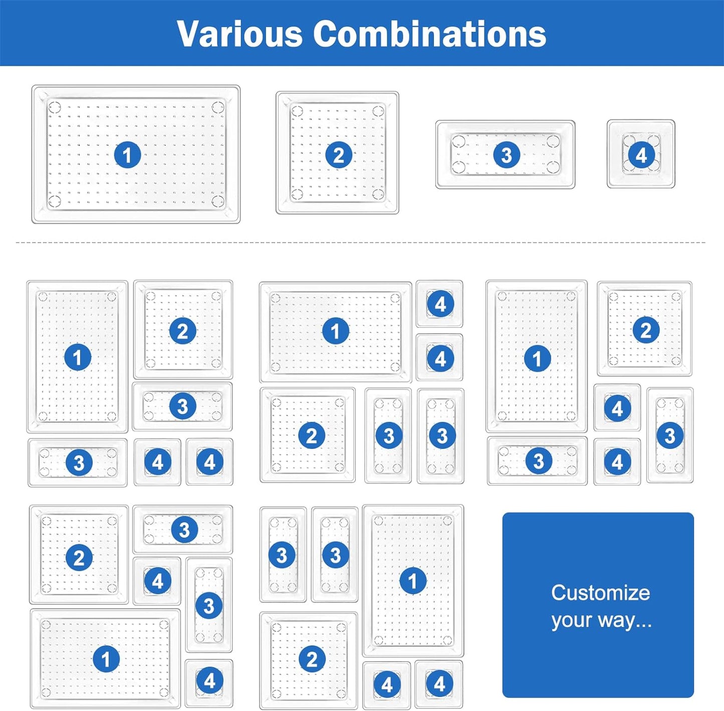 7 Pcs Clear Desk Drawer Organizers Set, 4-Size Plastic Bedroom Vanity Dresser Tray Acrylic Bathroom Storage Bins for Makeups Jewelries Kitchen Utensils Gadgets Office Accessories