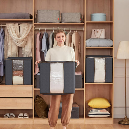 3 Pack 100L Clothes Storage Bins with Lids, Foldable Blanket Storage Bags with Zippers, Clear Window and Reinforced Handles, Closet and Organization for Clothing, Sweater, Comforter, Bedding