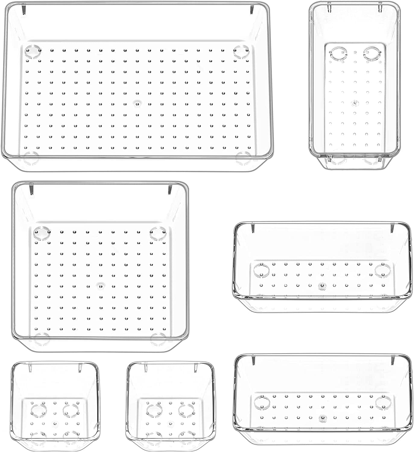 7 Pcs Clear Desk Drawer Organizers Set, 4-Size Plastic Bedroom Vanity Dresser Tray Acrylic Bathroom Storage Bins for Makeups Jewelries Kitchen Utensils Gadgets Office Accessories