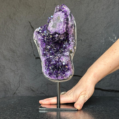 Deep Purple Natural Amethyst Geode With Metal Display Stand