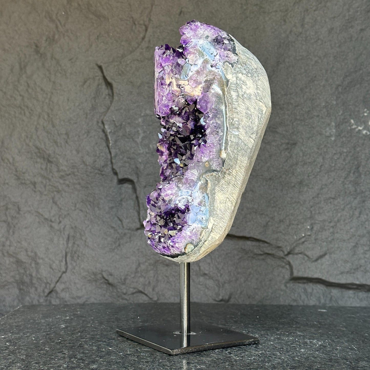 Deep Purple Natural Amethyst Geode With Metal Display Stand