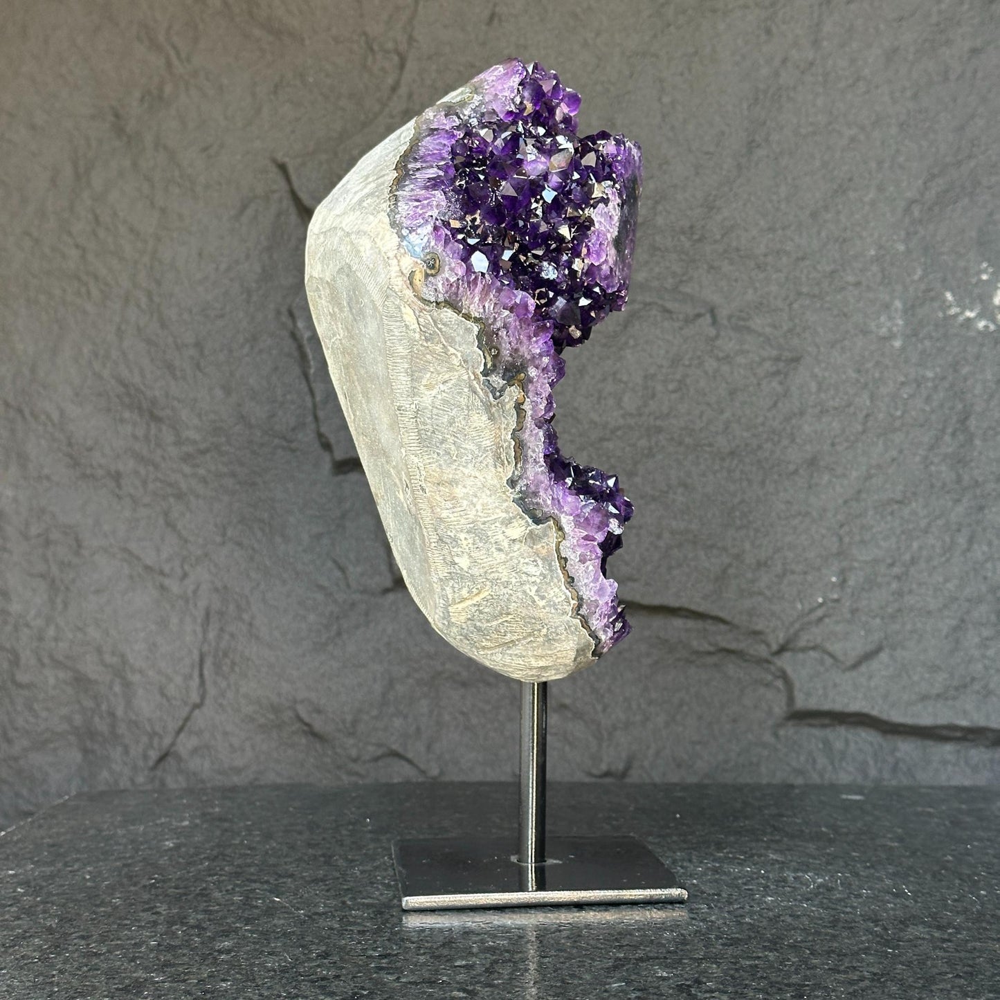 Deep Purple Natural Amethyst Geode With Metal Display Stand