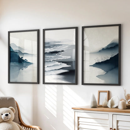 Minimalist Mountain Lake Set of 3. Modern Landscape Prints